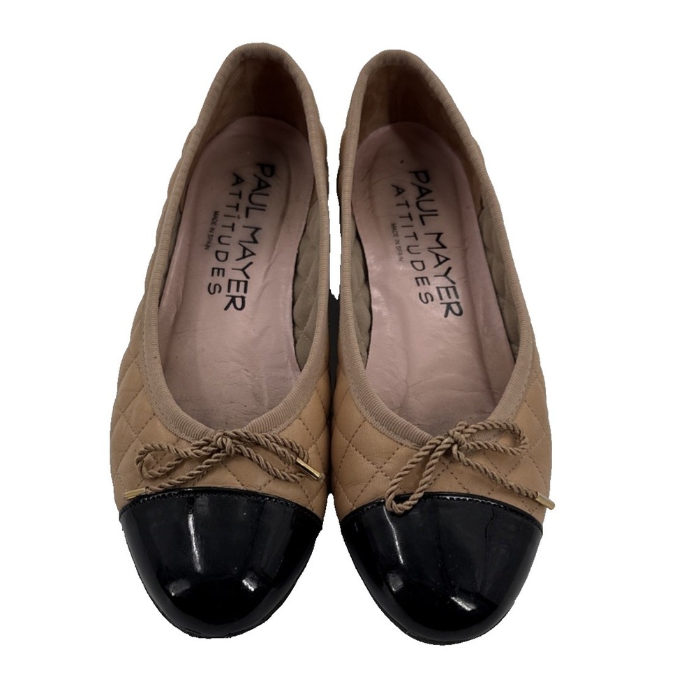 Paul Mayer Attitudes Quilted Ballet Flats Womens 5.5 Beige Black Toe